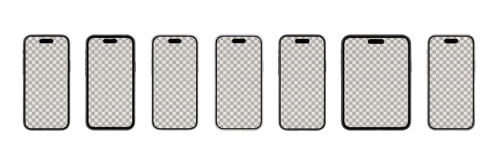 Collection of seven smartphone mockups with transparent screens on a white background device isolated on a transparent background