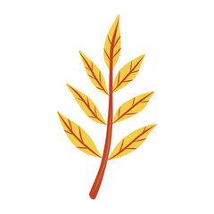 Yellow autumn leaf illustration with red veins on red stem. Single isolated vector element of autumn leaves. Fall season symbol. Complex foliage and leaf skeleton