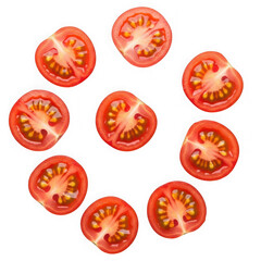 Circular arrangement of fresh tomato slices isolated on transparent background, a vibrant and healthy vegetable