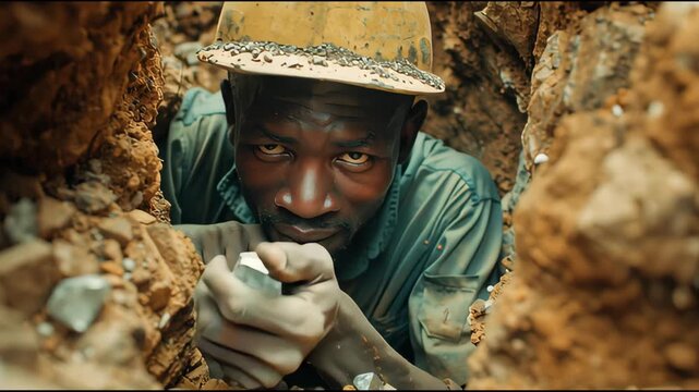 Dedicated miner in a rugged rocky outcrop pries rough translucent gemstone fragments with skilled hands and a weathered helmet under harsh environmental conditions, highlighting traditional manual ext