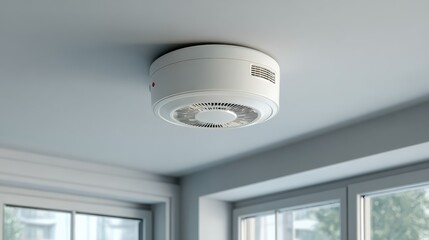 White smoke detector on the light gray ceiling of a modern residential home. It alerts homeowners to the presence of smoke to prevent fire hazards.