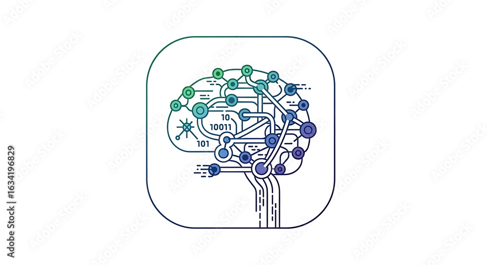 Aufkleber stylized brain illustration with connected nodes and binary code inside a rounded square box