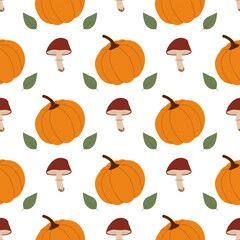 Seamless pattern with pumpkins, mushrooms, and green leaves on white background. Flat vector design. Autumn harvest concept.