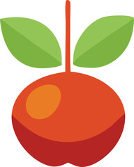 A vibrant red stylized apple with two green leaves and a thin stem presented against a clean white background