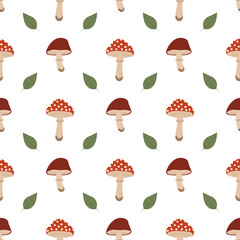Seamless pattern with mushrooms and green leaves on white background. Flat vector illustration. Autumn forest and nature concept.