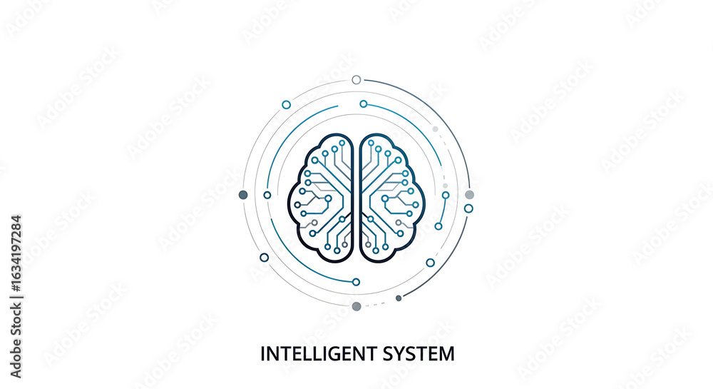 Poster stylized brain with circuit board pattern surrounded by circles on a white background design concept