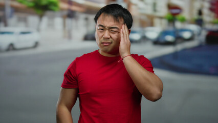 Fototapeta premium Young man in red shirt appears stressed on a busy urban street with cars and blurred buildings in the background, conveying a sense of frustration or headache.