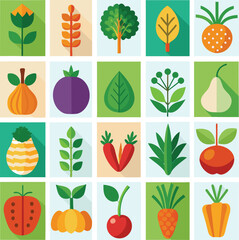 A vibrant grid of flat design icons showcasing a diverse collection of fresh fruits vegetables and plants in a garden setting