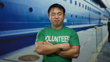 Young man at seaside port wearing green volunteer shirt stands in front of docked ship with an...
