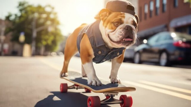 Bulldog on a skateboard in city street