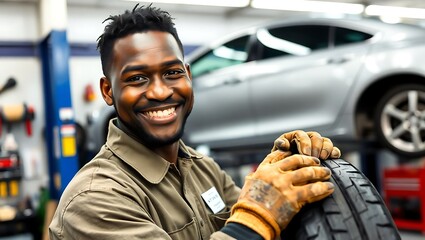 Portrait of smiling african american auto mechanic rolling and preparing tire for changing at car service.