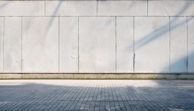 city street with long concrete wall covered in white plaster featuring copy space and mockup