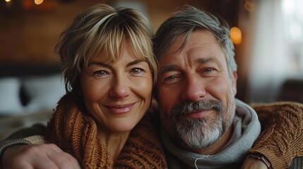 Happy senior couple, Family portrait of happy middle aged mature romantic couple hugging sitting on couch at home, Smiling man and woman in love relaxing on sofa together in house living room.