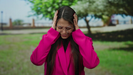 Woman in pink jacket outdoors feeling stressed in park setting with trees in background.