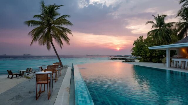 The camera slowly pans to the left, showing a stunning sunset at a tropical resort. A beautiful pool, palm trees and a bar with the ocean in the background.
