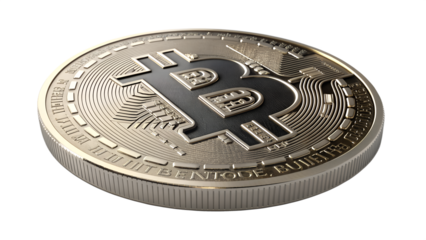 A single bitcoin coin tilted, isolated on transparent background