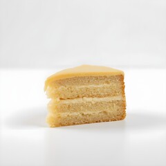 Fototapeta premium A delicious slice of vanilla layer cake with creamy yellow frosting, isolated on a clean white background. The cake consists of three soft and moist. 