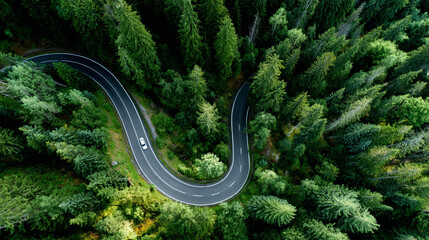 Aerial view of a car driving on a curved road through a dense forest in nature, from a top-down perspective