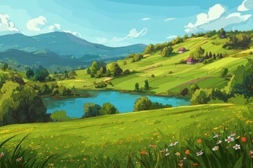 Spring mountain nature and green field vector landscape illustration. Summer hill cartoon scenery with lake, cloud and flower. Sunny rural village valley near river and pasture.