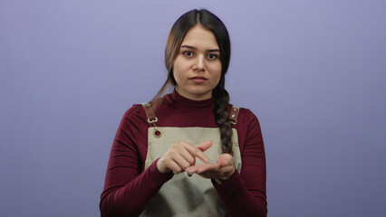 Woman in apron gestures for payment against isolated purple background in expressive stock image...