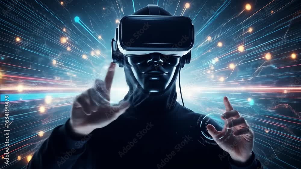 Poster man wearing a virtual reality headset interacting with digital interface in a futuristic cyberspace 