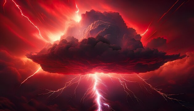 un nuage sombre avec un eclair puissant en dessous fond rouge 3d rendering