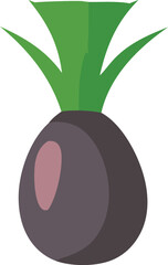 A stylized flat illustration of a dark purple root vegetable with vibrant green leafy tops isolated on a white background