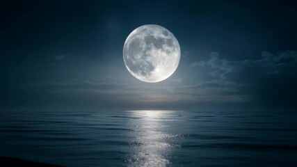 A giant full moon hangs in the night sky over a calm sea, its light creating a path on the water. - Powered by Adobe