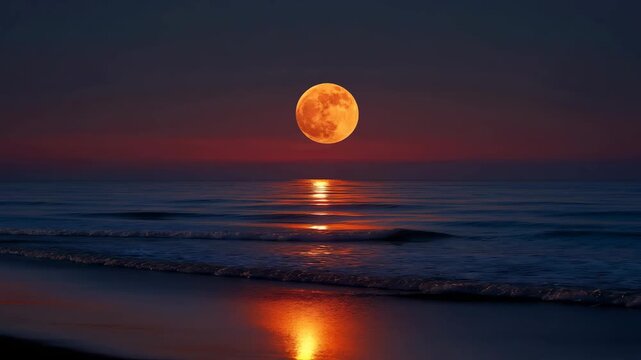 An orange full moon rising over the ocean at dusk, casting a warm reflection on the gentle waves.