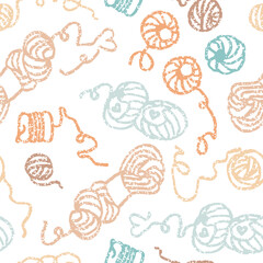 Yarn ball vector illustration in simple style. Cozy home seamless pattern. Woollen balls for knitting and crocheting.