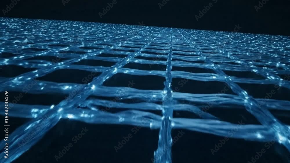 Poster blue gridlike structure with light points at the intersections against a dark background