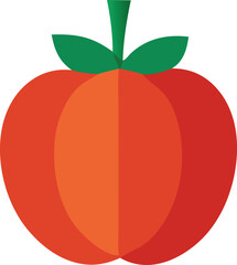 Vibrant flat design illustration of a ripe red tomato with green stems and leaves on a white background