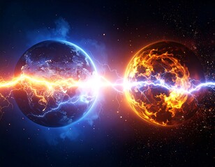 Obraz premium Two planets collide, energy crackling between them. One is fiery, the other icy