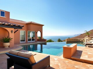 Fototapeta premium Mediterranean Villa Overlooking Azure Coastal Paradise View