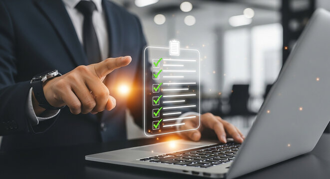 task management, businessman interacting with glowing digital checklist interface on laptop representing productivity workflow progress organization planning and project tracking system


