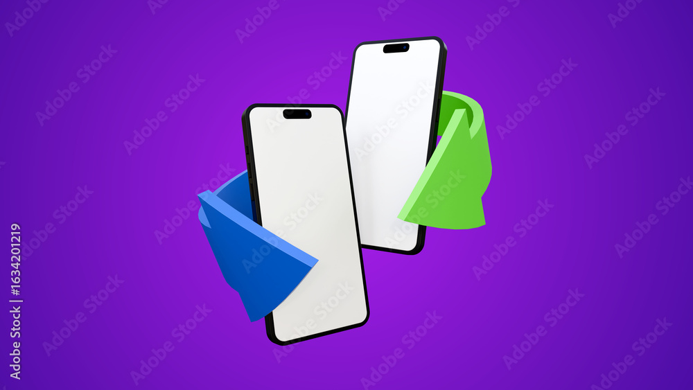 Poster floating two blank screen phone mock up with arrows around it isolated on purple background. landing