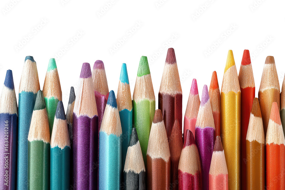 Poster colorful collection of sharpened colored pencils arranged neatly on a white background for creative 