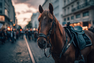 Obraz premium A police horse standing still on a cobblestone street during a quiet protest, blurred crowd in background