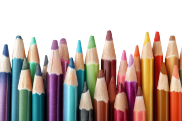 Colorful collection of sharpened colored pencils arranged neatly on a white background for creative arts and crafts activities