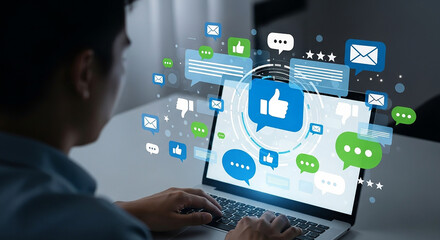 social media engagement, man using laptop with glowing thumbs up like icons and chat bubbles representing online interaction feedback communication and digital marketing strategy


