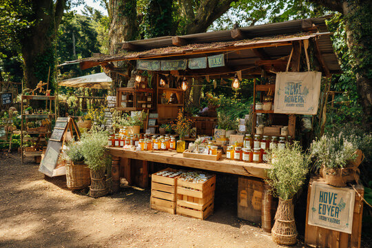 A rural market stand selling local honey and herbal teas in recyclable packaging, handmade signage, sustainable lifestyle scene