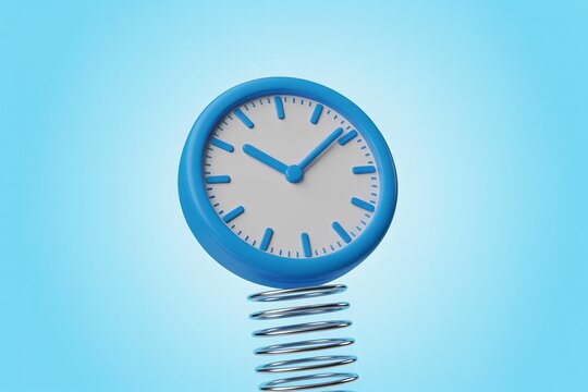 Spring forward time change concept blue clock floating on spring daylight savings abstract 3d illustration.