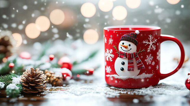 A festive red mug adorned with a cheerful snowman design and delicate white snowflakes for Christmas
