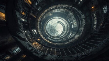 Eerie Spiral Staircase Ascending into a Sunlit, Futuristic Dome in Abandoned Structure