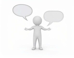 Human figure presents two speech bubbles against white background in studio