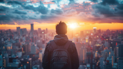 City Sunrise View: Person gazing at glowing cityscape from high vantage point, backpack on, peaceful.