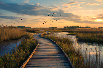 A winding wooden boardwalk through wetlands at golden hour, birds flying above and reeds swaying in the breeze