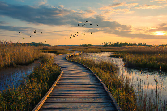 A winding wooden boardwalk through wetlands at golden hour, birds flying above and reeds swaying in the breeze - Powered by Adobe