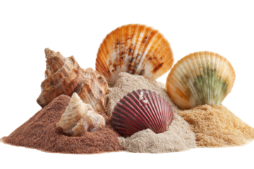 Collection of colorful shells and sands showcasing beach treasures in a vibrant display