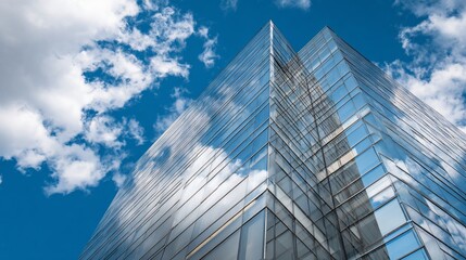Obraz premium Upward view of a modern skyscraper with glass facade, reflecting sky and clouds